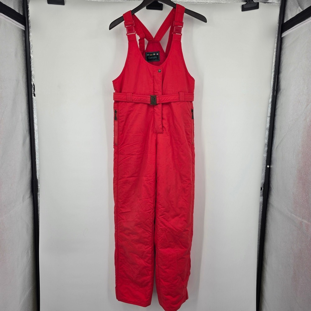 Euroski by Pedigree Vintage Red Snow Bibs Insulated Ski Overalls Belted Mens L